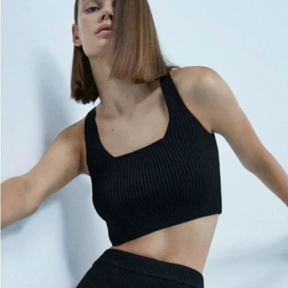 Zara | Tops | Zara Womans Black Square Neck Knit Crop Top